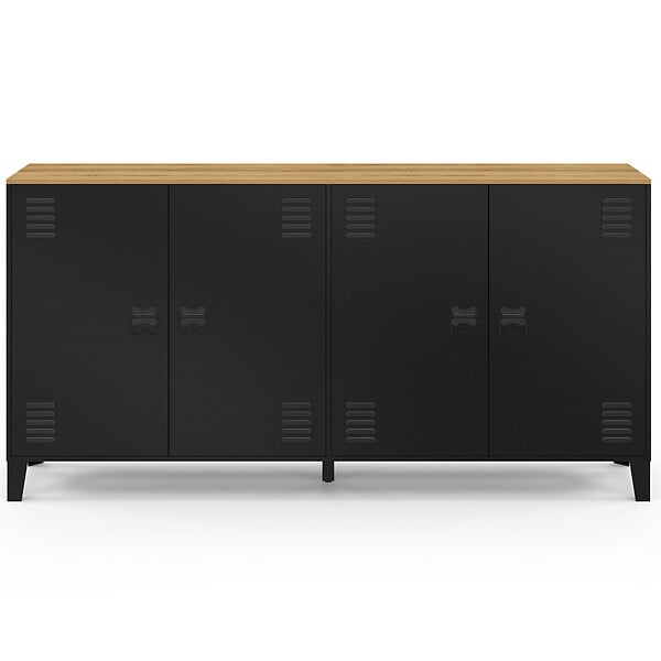 ID MARKET - Buffet 160cm ESTER 4 portes en métal noir plateau bois design industriel - large