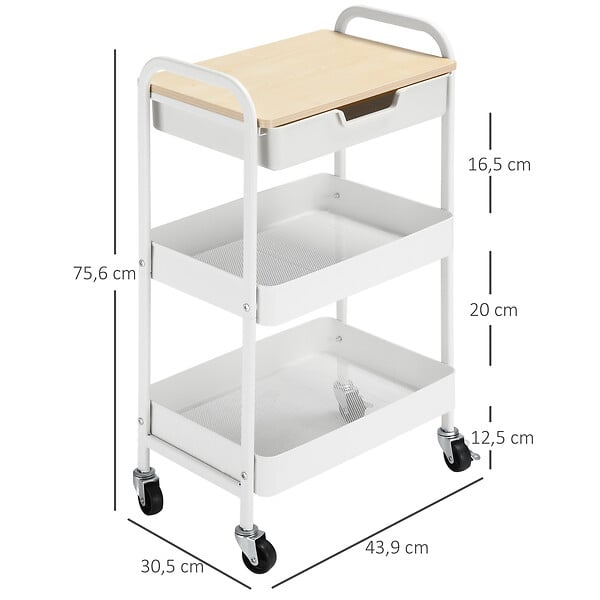 HOMCOM - Desserte de cuisine chariot de service 2 étagères tiroir plateau aspect bois clair acier PP blanc - large