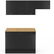 ID MARKET - Cuisine complète 180 cm SUBTIL avec plan de travail 5 éléments noir et plateaux bois - vignette