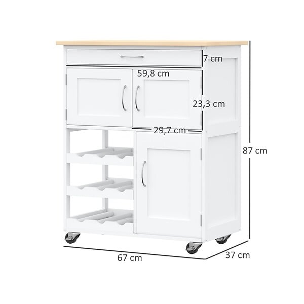 HOMCOM - HOMCOM Desserte de cuisine multi rangements 2 placards tiroir casier 9 bouteilles MDF blanc plateau bois caoutchouc - large