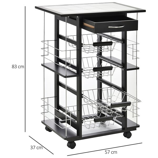 HOMCOM - Chariot de service desserte de cuisine à roulettes multi-rangements 4 paniers métal tiroir + 4 range-bouteilles bois pin noir plateau carrelé blanc - large
