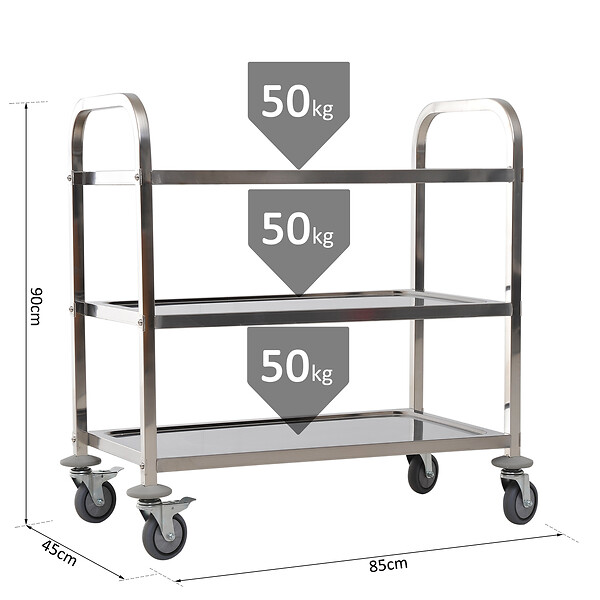 HOMCOM - HOMCOM Chariot de service desserte de cuisine à roulettes 3 étagères 85L x 45l x 90H cm acier inox. chromé - large