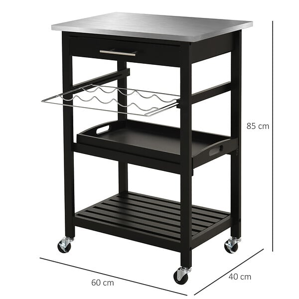 HOMCOM - HOMCOM Chariot de service desserte de cuisine à roulettes multi-rangements 60L x 40l x 85H cm plateau acier inox. MDF pin noir - large