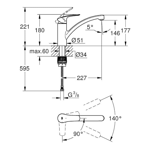 GROHE - Mitigeur évier Eurosmart C3 Grohe - Bec bas - Chrome - large