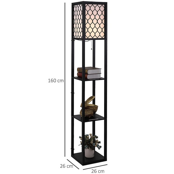 HOMCOM - Lampadaire étagère lampe étagère 26L x 26l x 160H cm 3 étagères 4 niveaux MDF noir motif nid d'abeille - large