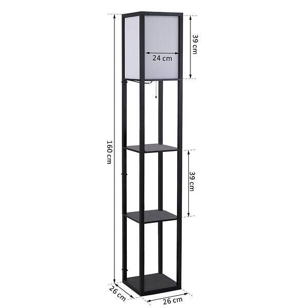 HOMCOM - Lampadaire étagère lampe étagère 26L x 26l x 160H cm 3 étagères 4 niveaux MDF noir - large