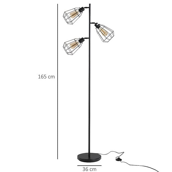 HOMCOM - Lampadaire design industriel 3 ampoules max. 40 W abat-jour cage métal noir - large