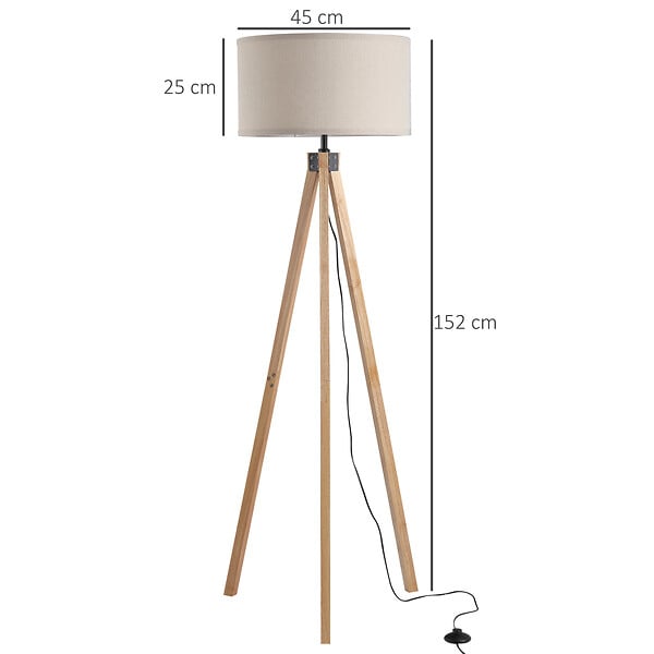 HOMCOM - Lampadaire trépied style scandinave 40 W max. dim. 45L x 45l x 152H cm bois de pin lin beige - large