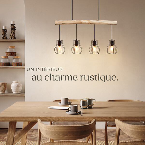 TECTAKE - Lampes suspendues WOODY poutre en bois et 4 ampoules 40 W noir/marron - large
