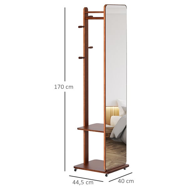 HOMCOM - Miroir sur pied avec roulettes - portant, 4 patères étagère MDF aspect noyer - large