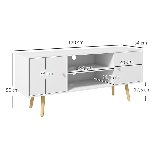 HOMCOM - Meuble TV style scandinave 2 portes 2 niches passe-fils pietement bois pin panneaux blanc - large
