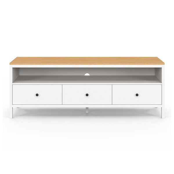 ID MARKET - Meuble TV 140 cm ACHILLE 3 tiroirs blanc et plateau bois - large