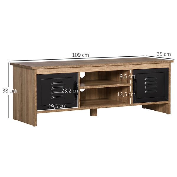 HOMCOM - Meuble TV banc TV design industriel - 2 placards, 2 niches, 2 passe-fils - panneaux particules aspect bois veinage portes métal noir - large