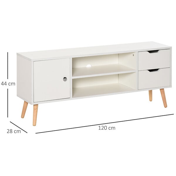 HOMCOM - Meuble TV banc TV style scandinave placard 2 niches 2 tiroirs passe-fils panneaux particules blanc bois pin - large