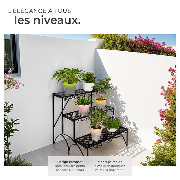 TECTAKE - Etagère pour plantes droite 3 niveaux noir - large