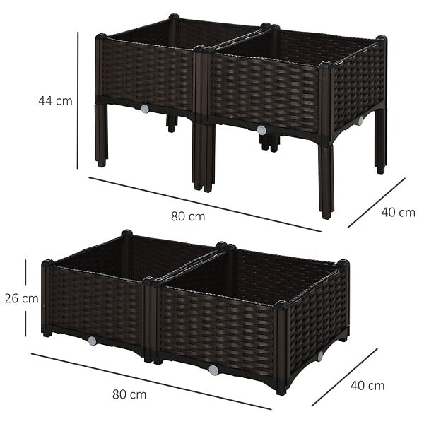 OUTSUNNY - Jardinière sur pieds carré potager 2 étages dim. 80L x 80l x 44H cm insert d'irrigation plastique imitation rotin tressé chocolat - large