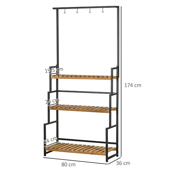 OUTSUNNY - Étagère échelle à fleurs 3 niveaux - porte plante bois 3 étagères - 4 crochets pour pots suspendus - métal noir bois sapin - large