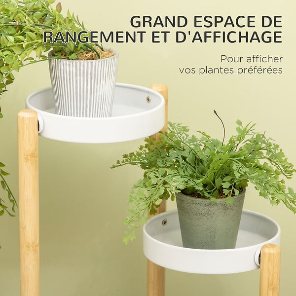 OUTSUNNY - Support à fleurs style scandinave 4 niveaux - porte plante 4 étagères - bois bambou verni métal blanc - large