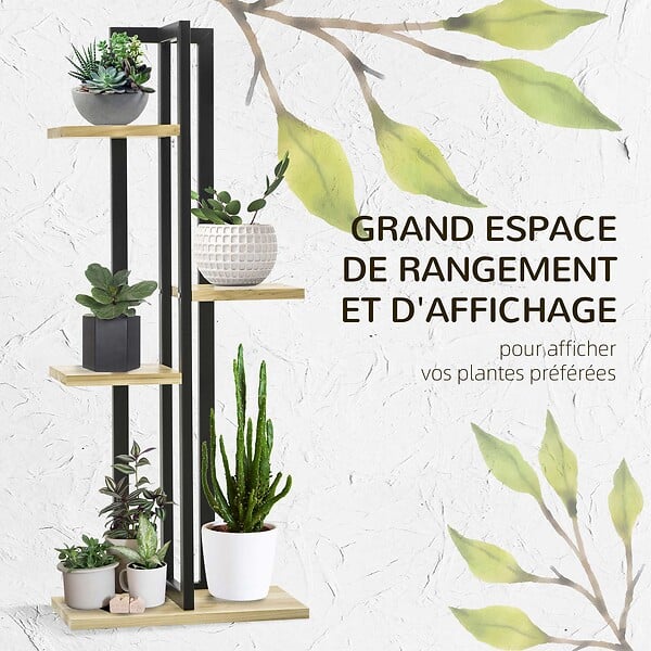 OUTSUNNY - Support à fleurs style industriel 4 niveaux - porte plante 4 étagères - métal époxy noir bois sapin - large