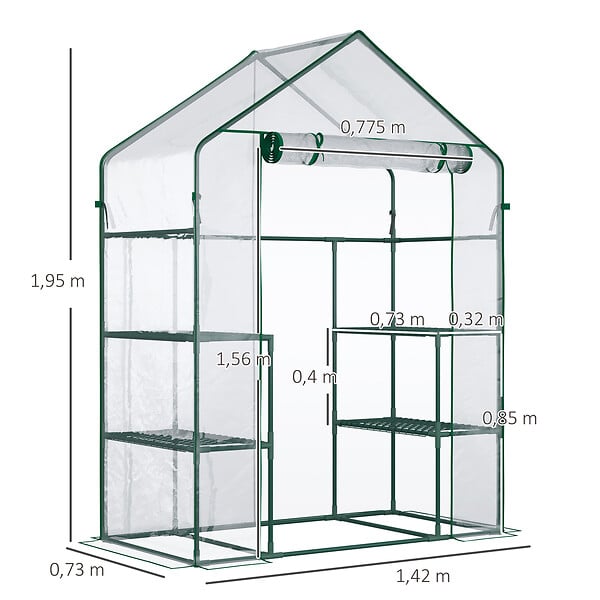 OUTSUNNY - Serre de jardin 6 étagères - dim. 142L x 73l x 195H cm - porte - acier thermolaqué PVC haute densité anti-UV - transparent vert - large