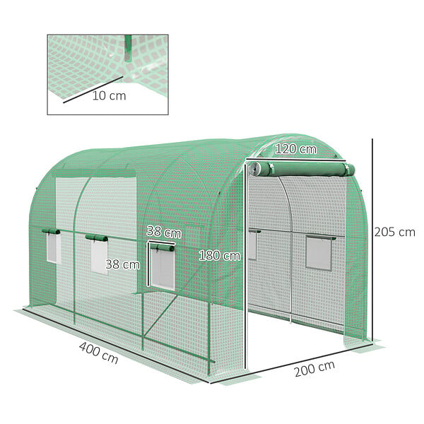 OUTSUNNY - Serre de jardin tunnel surface sol 8 m² 4L x 2l x 2,05H m châssis tubulaire renforcé porte zippée 6 fenêtres enroulables vert - large
