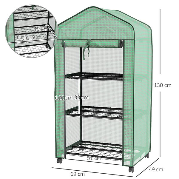 OUTSUNNY - Mini serre de jardin 3 étagères porte enroulable 4 roulettes PE - large