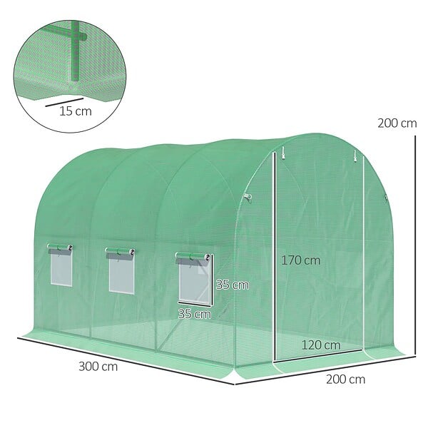 OUTSUNNY - Serre de jardin tunnel surface sol 6 m² 3L x 2l x 2H m châssis tubulaire renforcé porte zippée 6 fenêtres enroulables vert - large