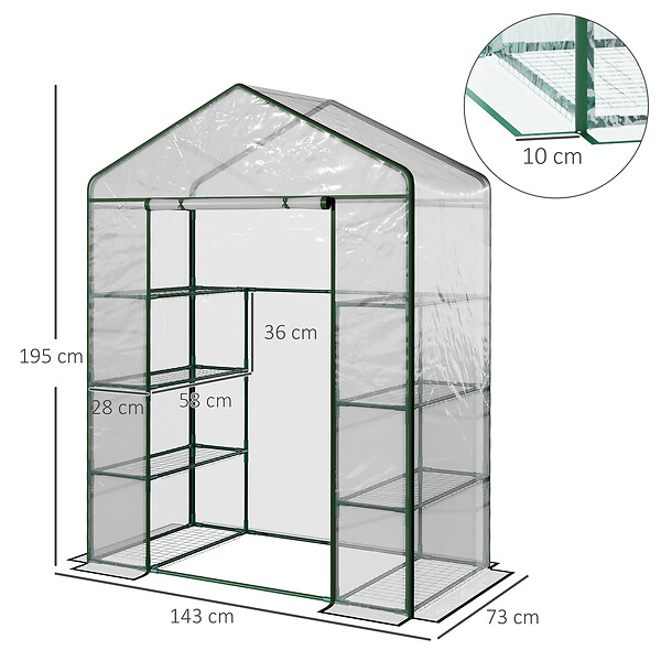 OUTSUNNY - Serre de jardin balcon terrasse 8 étagères dim. 143L x 73l x 195H cm acier PVC imperméable anti-UV transparent vert - large