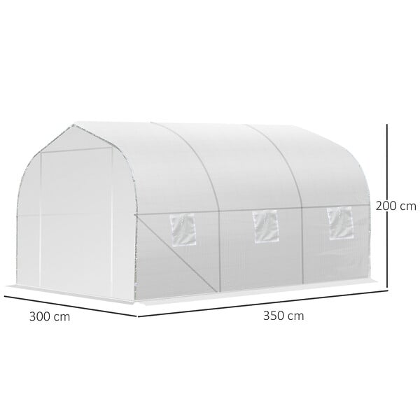 OUTSUNNY - Serre tunnel de jardin dim. 3,5L x 3l x 2H m porte + 6 fenêtres enroulables acier galvanisé bâche PE haute densité blanc - large