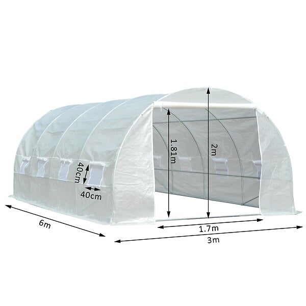 OUTSUNNY - Serre de jardin tunnel surface sol 18 m² 6L x 3l x 2H m châssis tubulaire renforcé 24 mm 8 fenêtres blanc - large