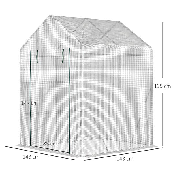 OUTSUNNY - Serre de jardin 2 tablettes dim. 1,43L x 1,43l x 1,95H m porte déroulante acier PE haute densité 140 g/m² transparent blanc - large
