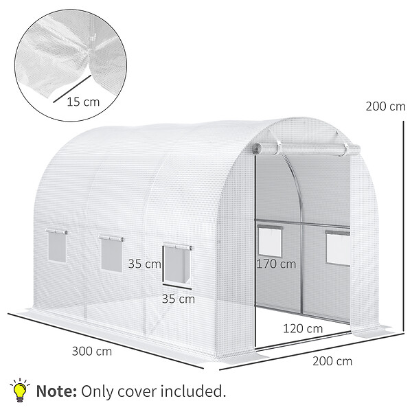 OUTSUNNY - Bâche de rechange serre tunnel 6 m², bâche dim. 3L x 2l x 2H m PE anti-UV imperméable 6 fenêtres + porte enroulable zippée blanc - large