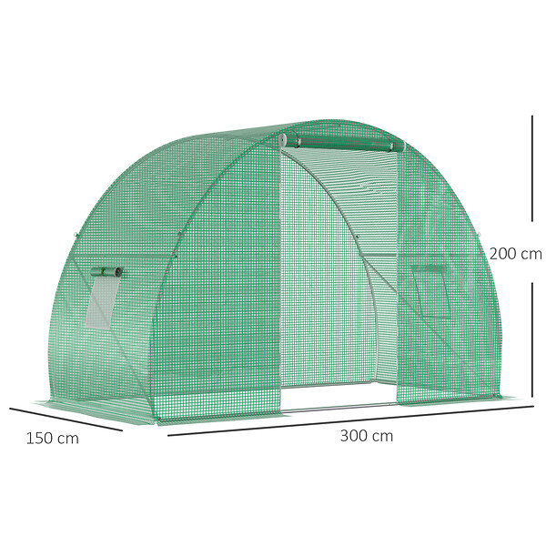 OUTSUNNY - Serre de jardin tunnel surface sol 4,5 mÂ² dim. 3L x 1,5l x 2H m châssis tubulaire renforcé porte zippée 2 fenêtres enroulables vert - large
