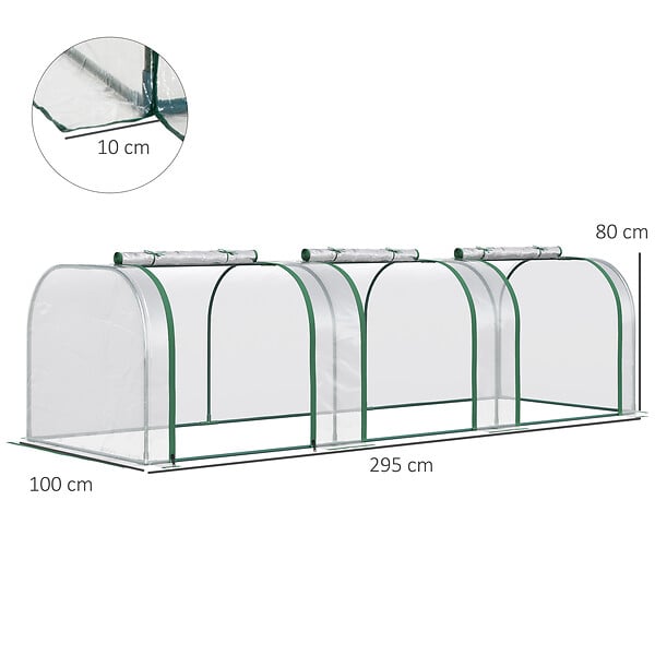 OUTSUNNY - Serre de jardin tunnel 2,95L x 1l x 0,8H m 3 portes zippées bâche PVC transparent métal époxy vert - large