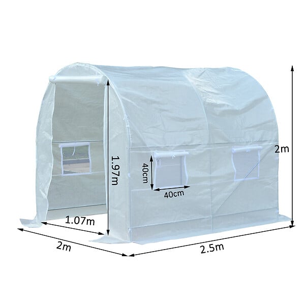 OUTSUNNY - Serre de jardin tunnel surface sol 5 m² 2,5L x 2l x 2H m châssis tubulaire renforcé 18 mm 4 fenêtres blanc - large