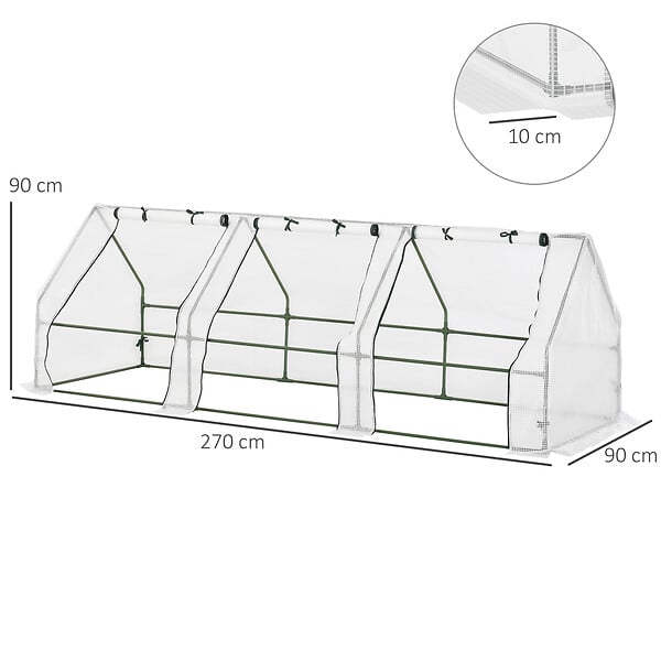 OUTSUNNY - Mini serre de jardin serre à  tomates 270L x 90l x 90H cm acier PE haute densité 140 g/mÂ² anti-UV 3 fenêtres avec zip enroulables blanc - large