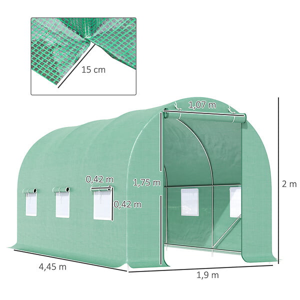 OUTSUNNY - Serre de jardin tunnel 4,5L x 2l x 2H m châssis tubulaire acier galvanisé renforcé 1,8 cm 6 fenêtres 1 porte vert - large