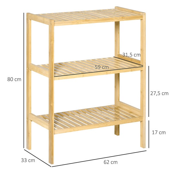 HOMCOM - Etagère de rangement 3 niveaux sur pied - étagères à lattes - dim. 62L x 33l x 80H cm - bois de bambou - large