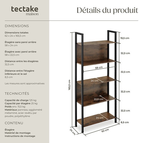 TECTAKE - Étagère Westport 62x24x165,5cm Bois foncé industriel, rustique - large