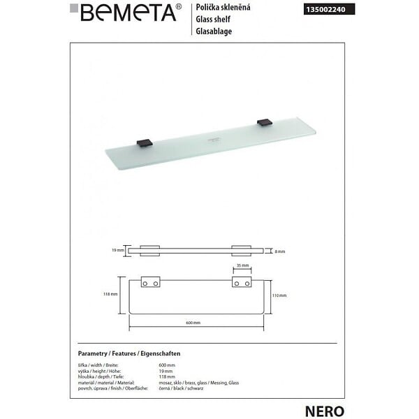 BEMETA - Etagère tablette murale NERO 60 cm en laiton noir - large
