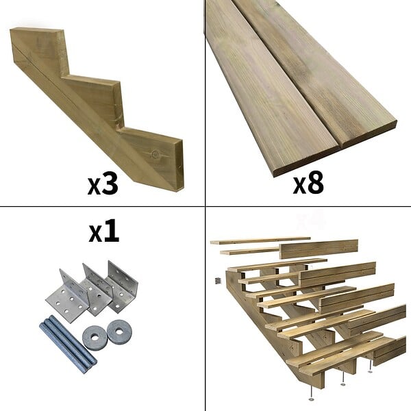 DECKLINEA - Escalier Bois Exterieur - 5 Marches Pleines - Largeur : 1m20 - Hauteur : 85cm - Avec Contremarches - Pin du Nord - Traité Autoclave - large