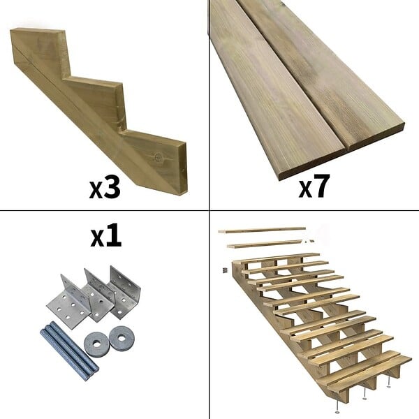 DECKLINEA - Escalier Bois Exterieur - 7 Marches - Largeur : 1m20 - Hauteur : 1m19 - Sans Contremarches - Pin du Nord - Traité Autoclave - large