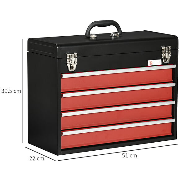 DURHAND - Boite à  outils métallique coffret à  outils caisse à  outils 4 tiroirs + plateau tôle acier rouge noir - large