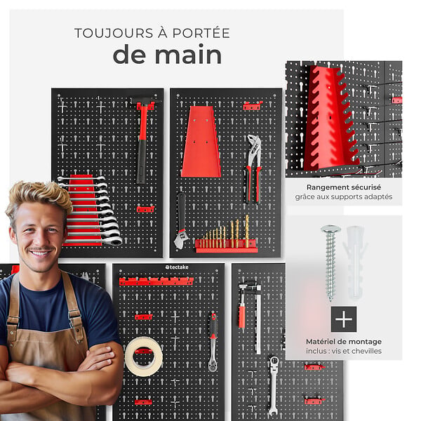 TECTAKE - Panneau perforé JONAH avec crochets et supports noir/rouge - large