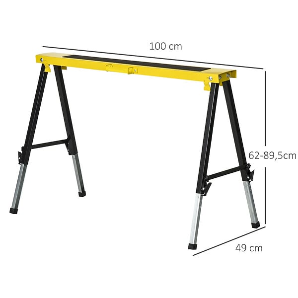 DURHAND - Lot de 2 tréteaux pliables telescopiques poignée transport dim. 100L x 49l x 62-89,5H cm surface antidérapante métal noir jaune - large