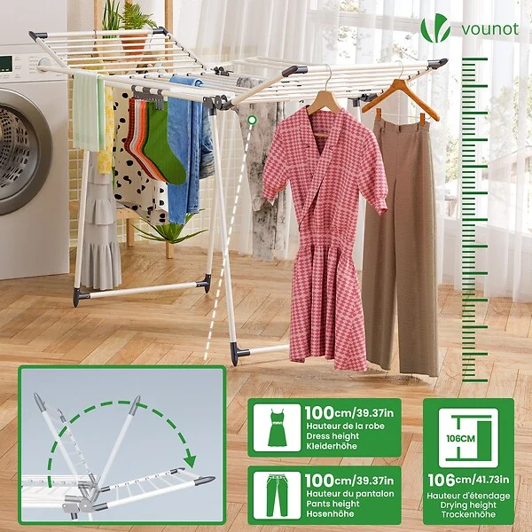 VOUNOT - Sechoir a linge etendoir sur pied avec ailes hautes 175x92x106cm Blanc - large