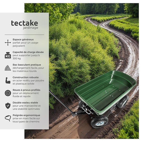 TECTAKE - Chariot de jardin 300 kg avec benne basculante vert - large