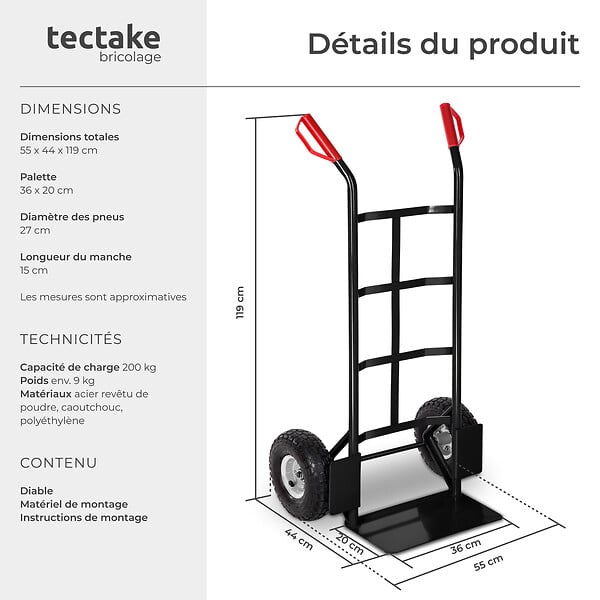 TECTAKE - Diable rigide 200 kg noir - large
