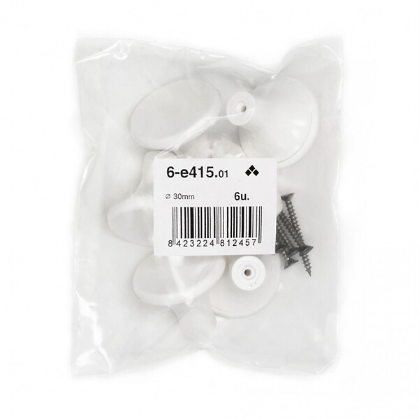 CENTRALE BRICO - Lot De 6 Boutons De Meuble Rond Blanc Plastique H.27 X L.33 X P.33 Mm - large