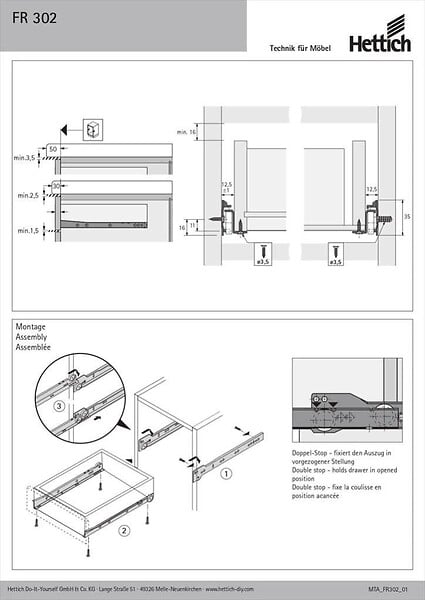 HETTICH - Coulisse pour tiroir à  galets, HETTICH 20 kg L.35 cm - large
